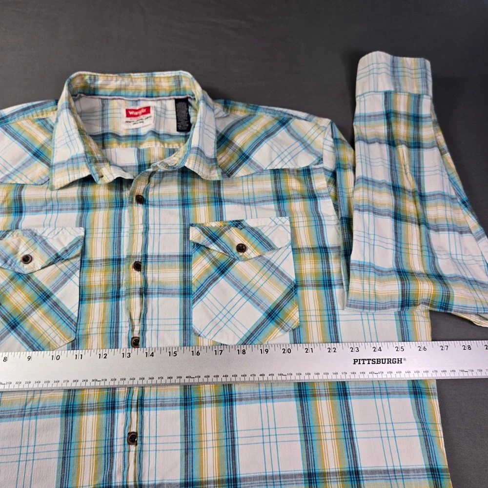 Wrangler Men's Size 2XL Blue Yellow Plaid Western Long Sleeve Button Down Shirt